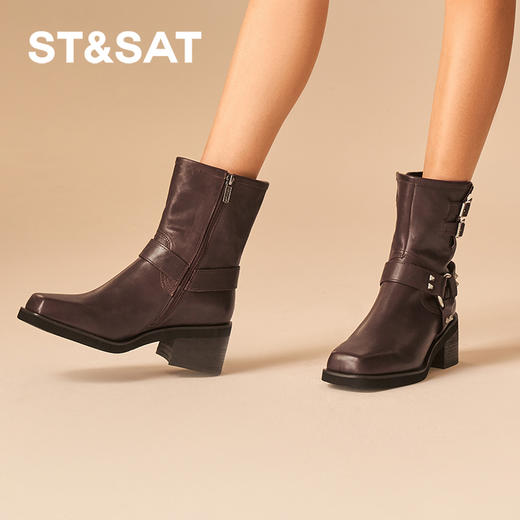 【绒里可选】星期六摩登方头铆钉粗跟时装短靴SSC4116400/SSC4118400 商品图3