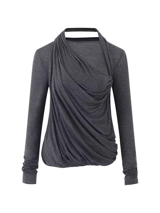 出逃赤岗西/24AWT109/设计感交叉荡领天丝羊毛修身长袖T恤 商品图4