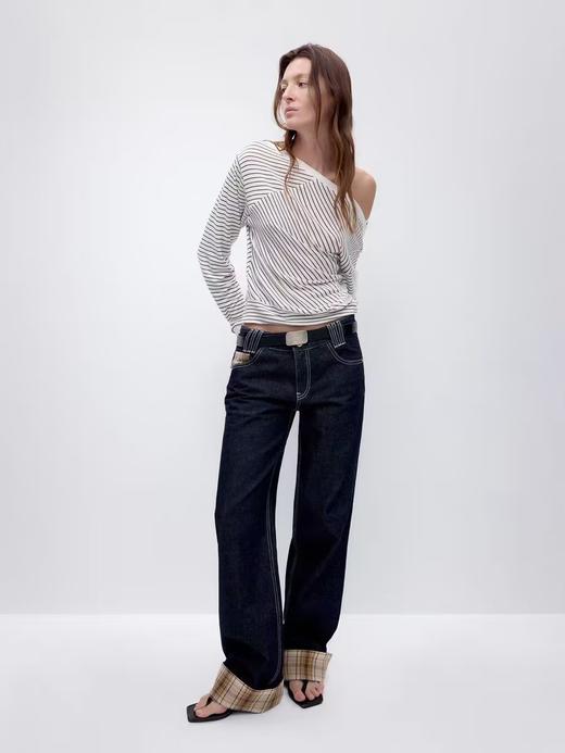 出逃赤岗西/24AWN73/复古深蓝色拼接格纹中低腰卷边牛仔直筒长裤 商品图1