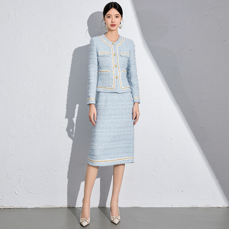 IWY/淡蓝色职业装套裙小香风外套秋冬千金优雅中长裙教师公开课厚款24CS590