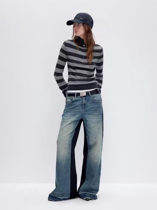 出逃赤岗西/24AWM55/复古撞色条纹澳羊毛半拉链高领套头修身内搭毛针织衫 商品图1