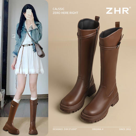 ZHR则则圆头厚底长筒靴2024新款加绒复古气质长靴显瘦骑士靴女靴 商品图1