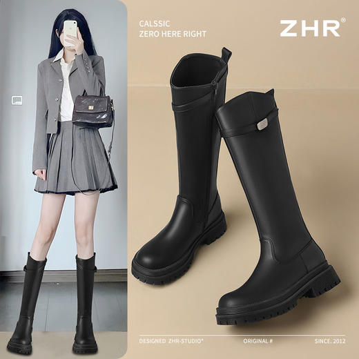ZHR则则圆头厚底长筒靴2024新款加绒复古气质长靴显瘦骑士靴女靴 商品图0