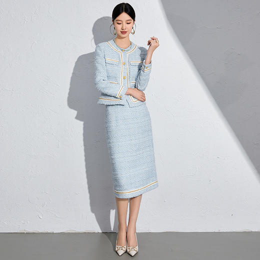 IWY/淡蓝色职业装套裙小香风外套秋冬千金优雅中长裙教师公开课厚款24CS590 商品图2