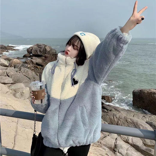 【羊羔绒外套】秋冬季慵懒风 初中高中学生韩版宽松加厚拼接卫衣潮 商品图3