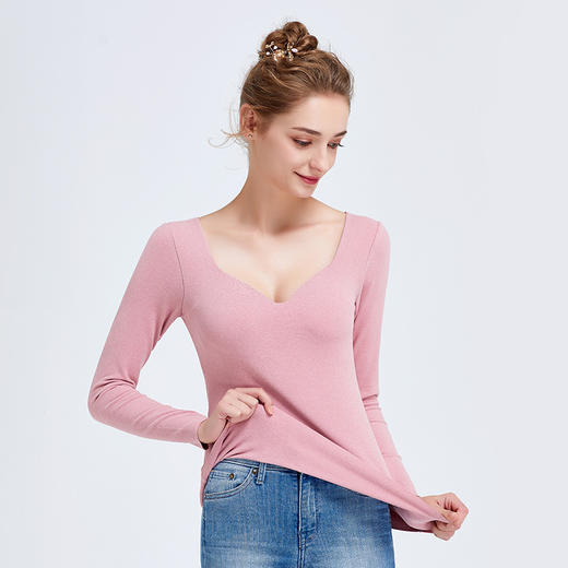 【复古法式扇形领，微熟性感的小心机】秋冬新款加绒加厚 女士秋衣保暖内衣 外穿打底衫 带胸垫长袖保暖衣女-QQ 商品图2