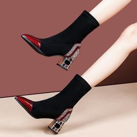 【预售5天】新款弹力靴女春秋高跟弹力布中筒靴尖头水钻跟显瘦单靴PLGZ&A8878