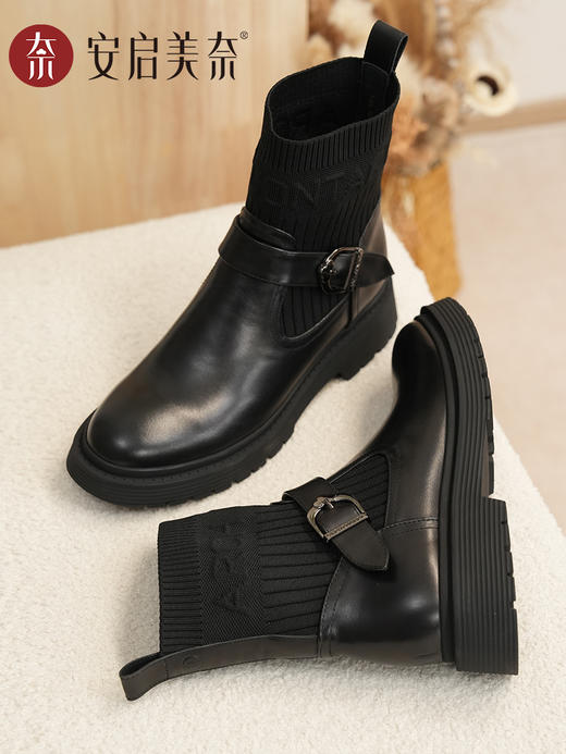 ARCHCONTACT安启美奈针织高筒真皮切尔西女靴52964 商品图4