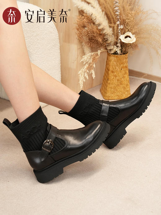 ARCHCONTACT安启美奈针织高筒真皮切尔西女靴52964 商品图3