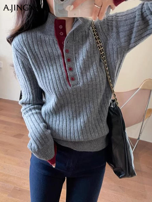 【撞色设计】阿菁娜撞色小立领百搭显瘦坑条羊毛衫F29D302020 商品图2