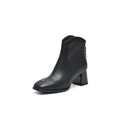 经典鲨2024年冬季新款时尚方头后拉链加绒中粗跟气质短靴女KW117-D58171 商品图4