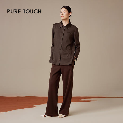 pure touch女士正肩H型衬衫气质绵羊毛通勤休闲设计感深棕色上衣1301244424 商品图1