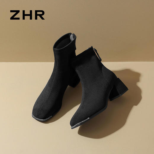 ZHR时尚百搭瘦瘦靴2024新款冬季加绒法式时尚防滑弹力粗跟单靴 商品图8
