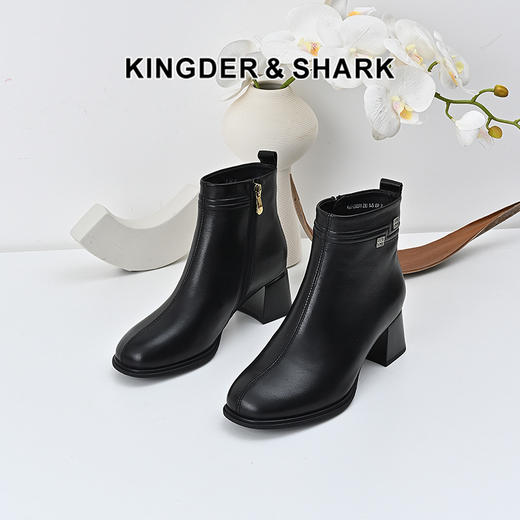 经典鲨2024年冬季新款百搭黑色侧拉链加绒中粗跟显瘦短靴女KD29-D58091 商品图0