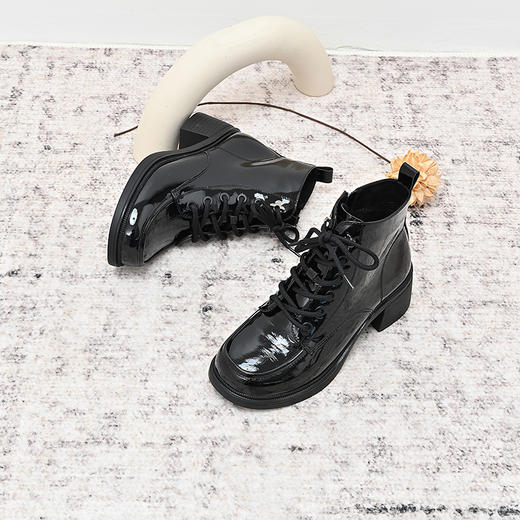 经典鲨2024年冬季新款百搭圆头侧拉链加绒中粗跟气质短靴女KC19-D58211 商品图2