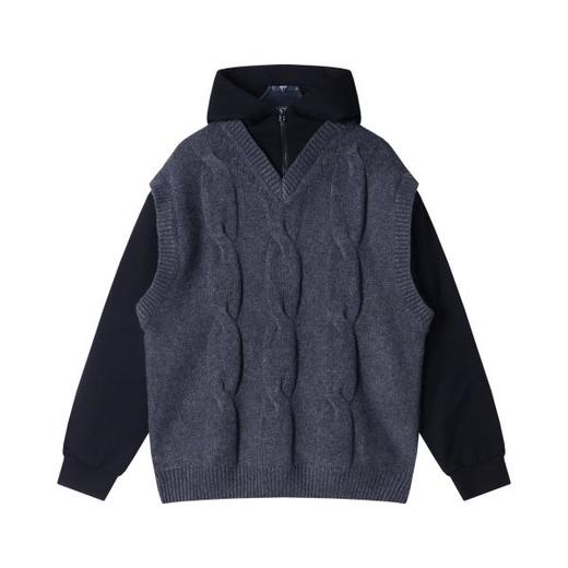 秋冬季新款时尚韩版撞色假两件连帽卫衣V领马甲男女同款百搭潮流 商品图1