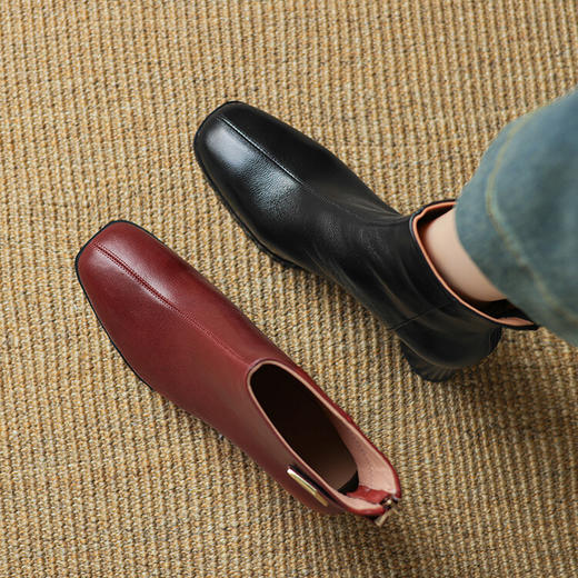 【预售5天】真皮方头酒红色短靴女秋冬季英伦风复古马丁靴粗跟高跟靴子春秋单靴LD&6947 商品图1