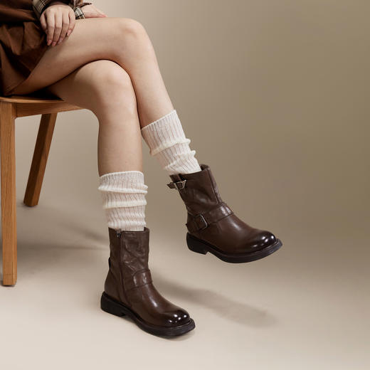 千百度美拉德真皮西部牛仔靴女冬季时装靴短靴子A24530581 商品图1