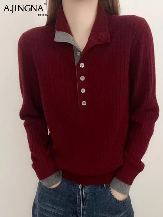 【撞色设计】阿菁娜撞色小立领百搭显瘦坑条羊毛衫F29D302020 商品图4