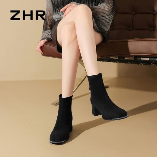 ZHR时尚百搭瘦瘦靴2024新款冬季加绒法式时尚防滑弹力粗跟单靴 商品图5