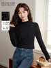 【专属特价】熙世界双面绒半高领T恤打底衫女秋冬新款复古金属扣黑色内搭上衣 商品缩略图0