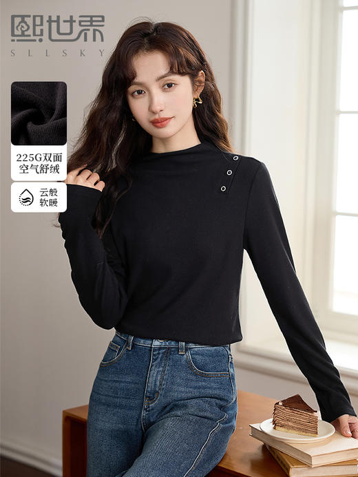 【专属特价】熙世界双面绒半高领T恤打底衫女秋冬新款复古金属扣黑色内搭上衣 商品图0