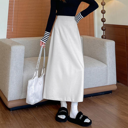 毛呢中长款纯色包臀裙 开叉中长裙 高腰显瘦 时尚百搭 商品图3