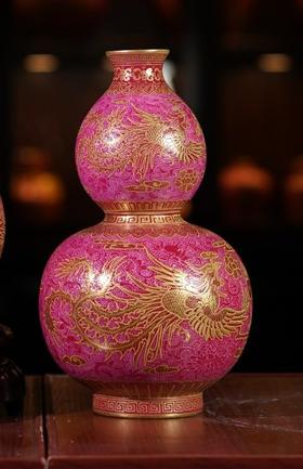 原矿胭脂红宫廷龙凤呈祥葫芦瓶