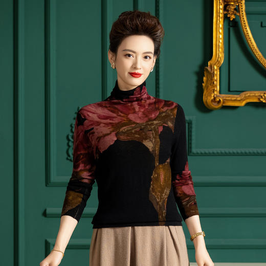 印花水溶100纯羊毛衫，堆堆领薄款毛衣打底衫WY-H2854 商品图0