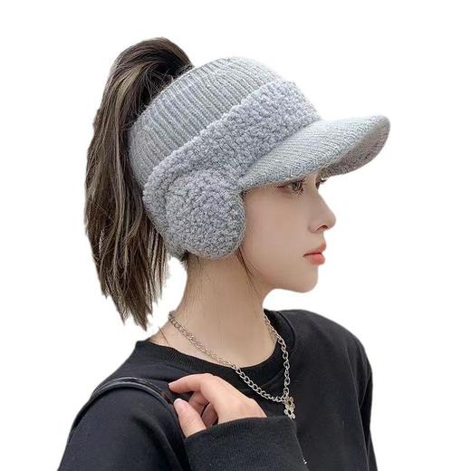 亲子款女神针织毛线空顶帽女秋冬季毛绒耳包护耳帽子户外运动保暖空顶扎马尾 商品图4