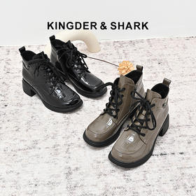 经典鲨2024年冬季新款百搭圆头侧拉链中粗跟气质加绒短靴女KW333-D58071