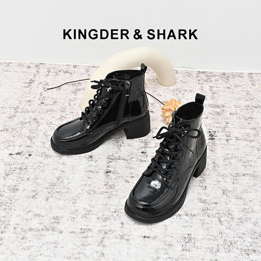 经典鲨2024年冬季新款百搭圆头侧拉链加绒中粗跟气质短靴女KC19-D58211 商品图0