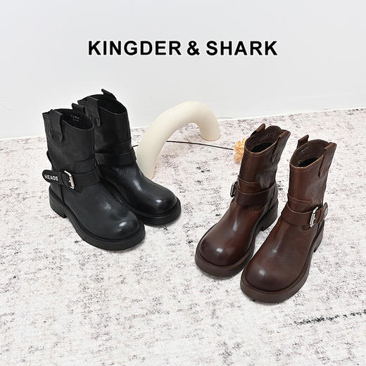 经典鲨2024年冬季新款百搭圆头平底单里潮酷时尚短筒靴子女KW185-D58021 商品图0