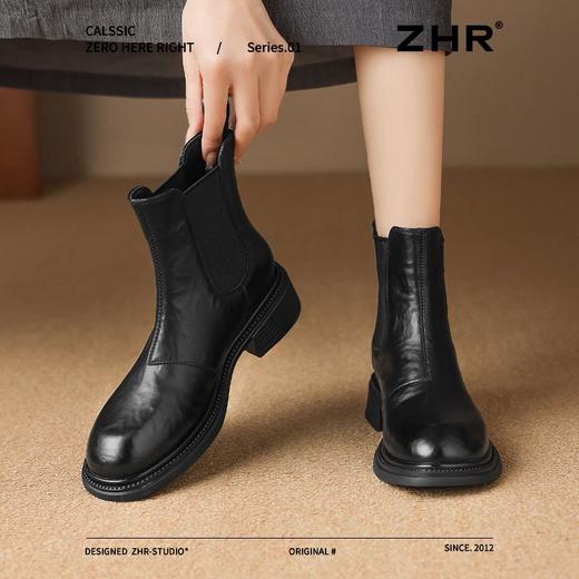 ZHR则则褶皱厚底切尔西靴女2024新款冬高级复古短靴加绒粗跟皮靴 商品图0