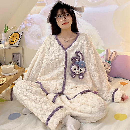 【保暖防风！加绒加厚睡衣套装】抵御寒冷，保暖蓄热，又好看又舒服！冬季长毛绒加绒加厚开衫女长袖保暖女长裤卡通家居服 商品图1