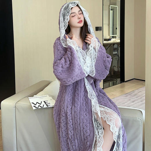 【超美超欲！轻奢保暖家居服】好看到想穿出街！加绒睡袍女生冬季加厚长毛绒甜美袍套长款睡衣套装 商品图3