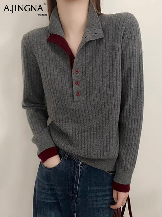 【撞色设计】阿菁娜撞色小立领百搭显瘦坑条羊毛衫F29D302020 商品图3
