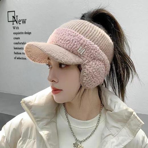 亲子款女神针织毛线空顶帽女秋冬季毛绒耳包护耳帽子户外运动保暖空顶扎马尾 商品图1
