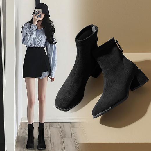 ZHR时尚百搭瘦瘦靴2024新款冬季加绒法式时尚防滑弹力粗跟单靴 商品图0