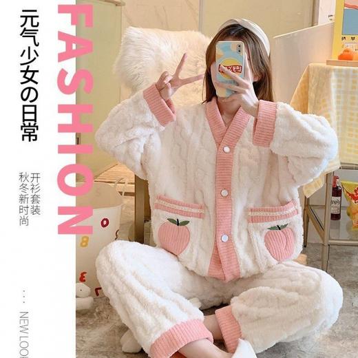 【秋冬加厚❗️法兰绒开衫套装】减龄显嫩加分，家居服该有的灵魂❗️小香风乌龙桃暖暖睡衣少女长袖长裤套装本命年新年2025马年年货 商品图1