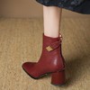 【预售5天】真皮方头酒红色短靴女秋冬季英伦风复古马丁靴粗跟高跟靴子春秋单靴LD&6947 商品缩略图3