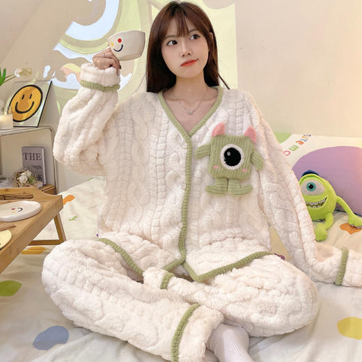 【保暖防风！加绒加厚睡衣套装】抵御寒冷，保暖蓄热，又好看又舒服！冬季长毛绒加绒加厚开衫女长袖保暖女长裤卡通家居服 商品图0