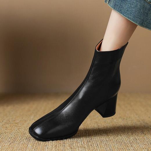 【预售5天】真皮方头酒红色短靴女秋冬季英伦风复古马丁靴粗跟高跟靴子春秋单靴LD&6947 商品图4