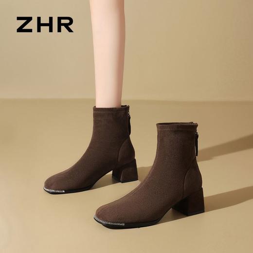 ZHR时尚百搭瘦瘦靴2024新款冬季加绒法式时尚防滑弹力粗跟单靴 商品图9