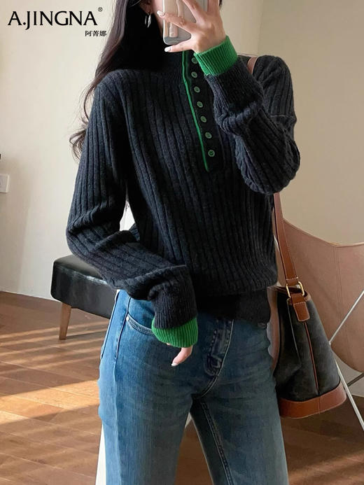 【撞色设计】阿菁娜撞色小立领百搭显瘦坑条羊毛衫F29D302020 商品图1