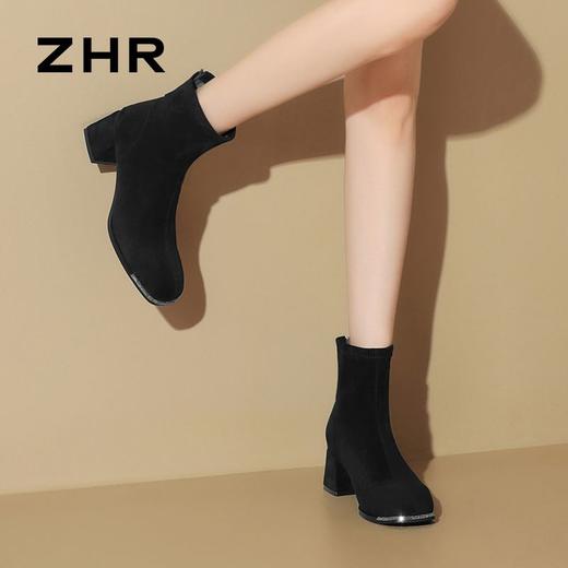 ZHR时尚百搭瘦瘦靴2024新款冬季加绒法式时尚防滑弹力粗跟单靴 商品图6