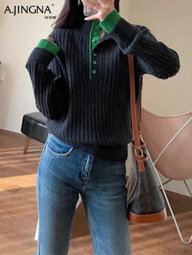 【撞色设计】阿菁娜撞色小立领百搭显瘦坑条羊毛衫F29D302020