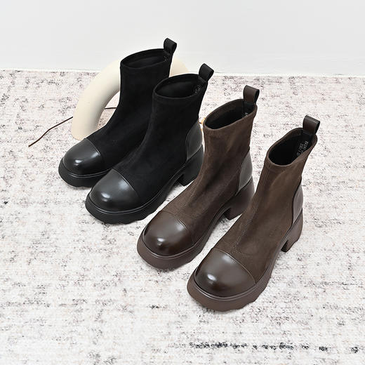 经典鲨2024年冬季新款时尚拼接圆头粗跟加绒保暖平底短靴女KW296-D58011 商品图1