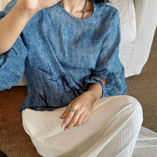 【顺丰包邮】35440 洛诗琳设计感国风刺绣苎麻休闲条纹上衣0037 商品图2