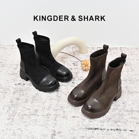 经典鲨2024年冬季新款时尚拼接圆头粗跟加绒保暖平底短靴女KW296-D58011